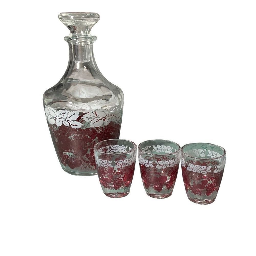 Vintage Hand Painted Decanter with 3 Matching Shot Glasses Made in France 7”